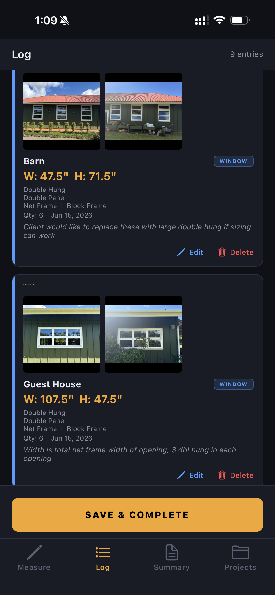 Field Measure log screen